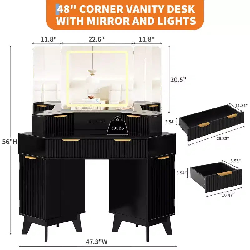 47 cm hoek make-up kaptafel met spiegel en licht, houten kaptafel met glazen blad en oplaadstation, make-up kaptafel voor slaapkamer