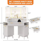 47 cm hoek make-up kaptafel met spiegel en licht, houten kaptafel met glazen blad en oplaadstation, make-up kaptafel voor slaapkamer