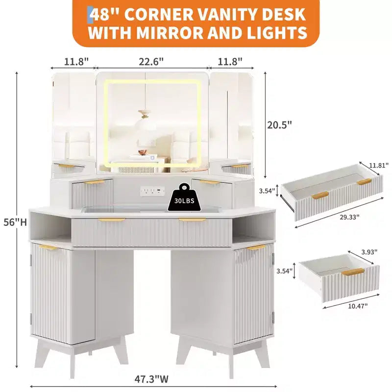 47 cm hoek make-up kaptafel met spiegel en licht, houten kaptafel met glazen blad en oplaadstation, make-up kaptafel voor slaapkamer