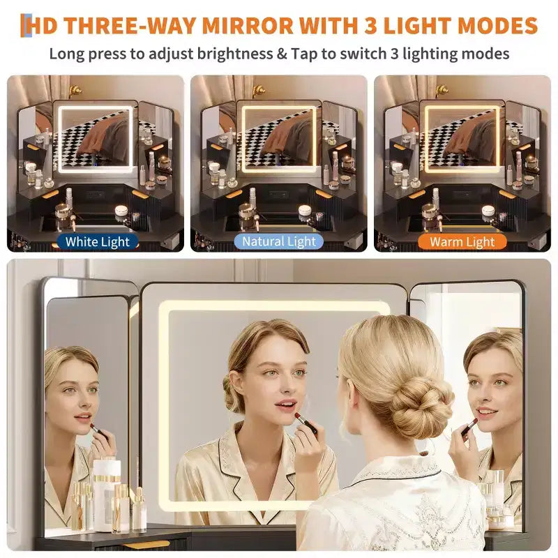 47 cm hoek make-up kaptafel met spiegel en licht, houten kaptafel met glazen blad en oplaadstation, make-up kaptafel voor slaapkamer