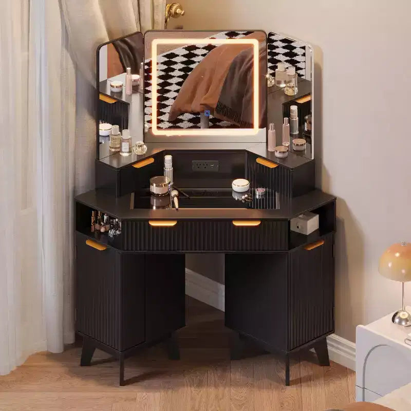 47 cm hoek make-up kaptafel met spiegel en licht, houten kaptafel met glazen blad en oplaadstation, make-up kaptafel voor slaapkamer