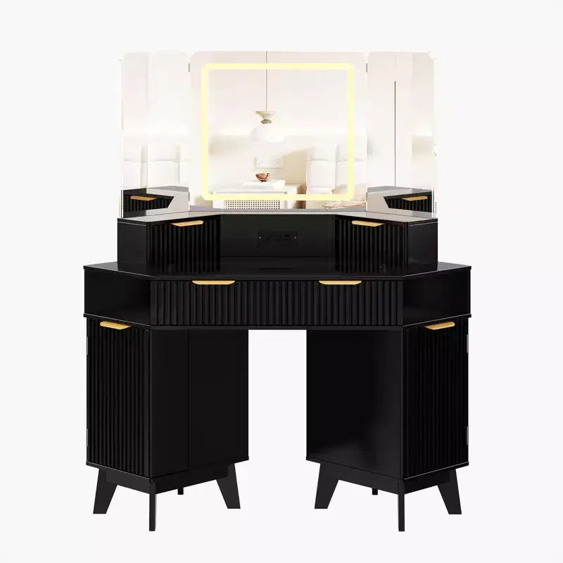 47 cm hoek make-up kaptafel met spiegel en licht, houten kaptafel met glazen blad en oplaadstation, make-up kaptafel voor slaapkamer