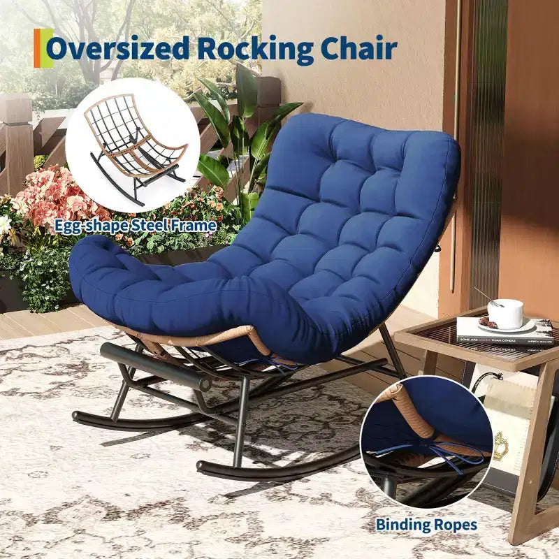 Übergroßer Schaukelstuhl mit Fußstütze, gepolsterter Loungesessel mit Metallrahmen, Gartenliegestuhl für Terrasse, Garten, Schlafzimmer