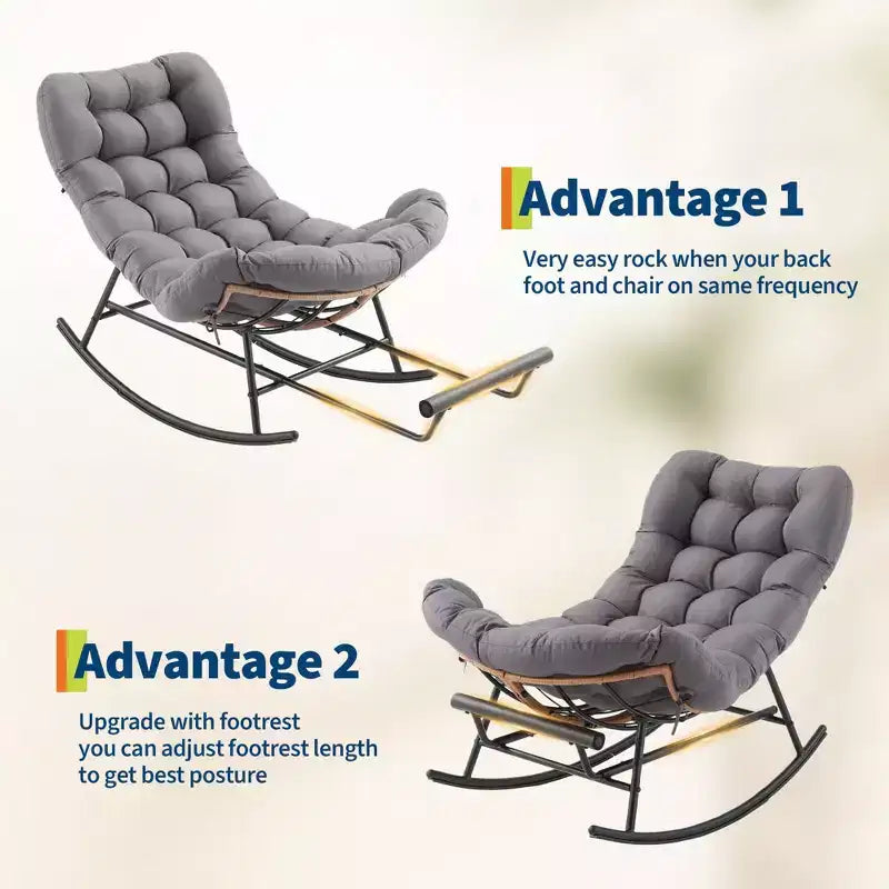 Übergroßer Schaukelstuhl mit Fußstütze, gepolsterter Loungesessel mit Metallrahmen, Gartenliegestuhl für Terrasse, Garten, Schlafzimmer
