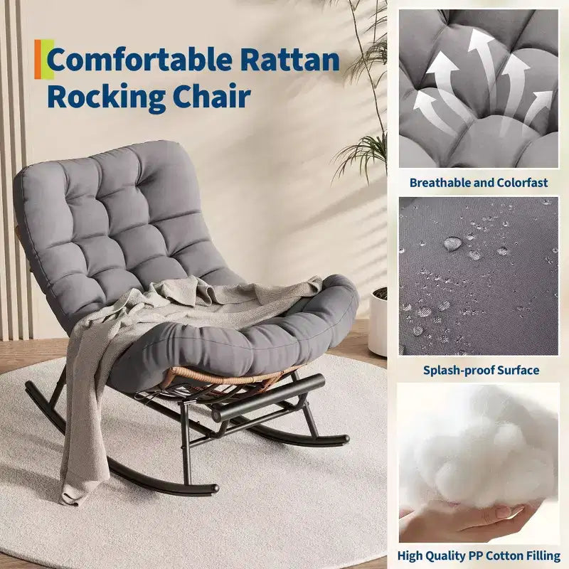 Übergroßer Schaukelstuhl mit Fußstütze, gepolsterter Loungesessel mit Metallrahmen, Gartenliegestuhl für Terrasse, Garten, Schlafzimmer