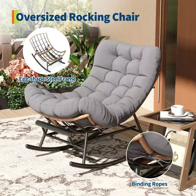 Übergroßer Schaukelstuhl mit Fußstütze, gepolsterter Loungesessel mit Metallrahmen, Gartenliegestuhl für Terrasse, Garten, Schlafzimmer