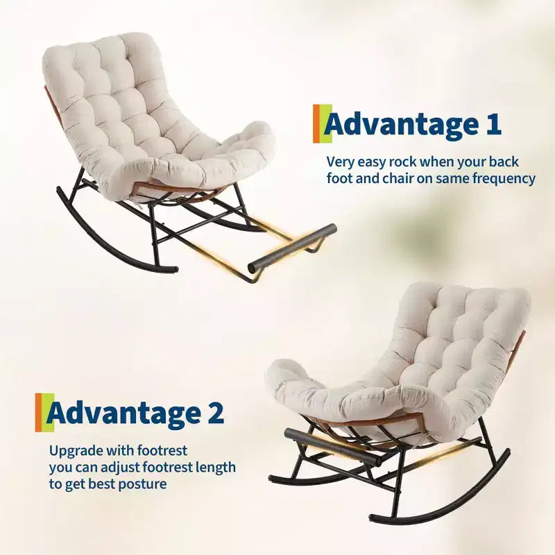 Übergroßer Schaukelstuhl mit Fußstütze, gepolsterter Loungesessel mit Metallrahmen, Gartenliegestuhl für Terrasse, Garten, Schlafzimmer