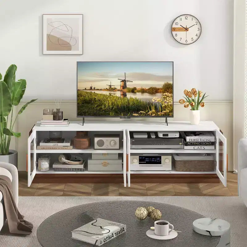 Large TV Stand for TVs up to 75 Console Table w/ 4 Tempered Glass Doors