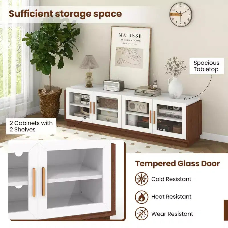 Large TV Stand for TVs up to 75 Console Table w/ 4 Tempered Glass Doors