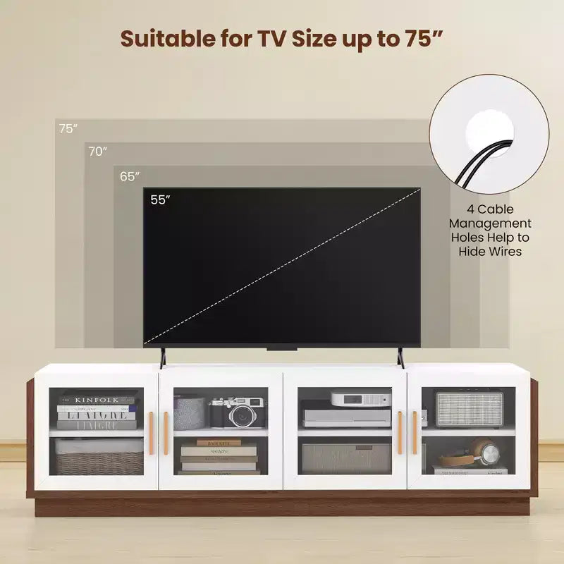 Large TV Stand for TVs up to 75 Console Table w/ 4 Tempered Glass Doors