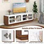 Large TV Stand for TVs up to 75 Console Table w/ 4 Tempered Glass Doors
