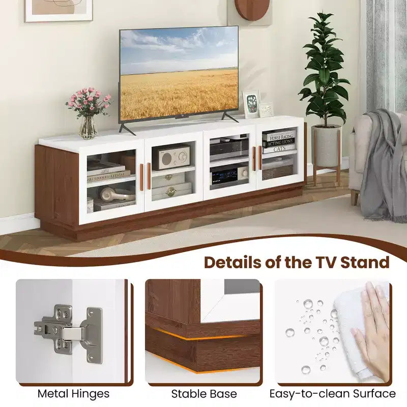 Large TV Stand for TVs up to 75 Console Table w/ 4 Tempered Glass Doors