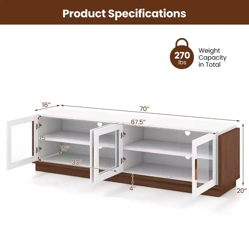 Large TV Stand for TVs up to 75 Console Table w/ 4 Tempered Glass Doors