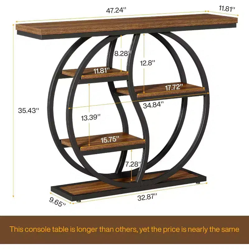 Table console de 47,24 pouces, table de canapé industrielle à 5 niveaux Table d'entrée en T avec étagères de rangement pour petits espaces, couloir, hall