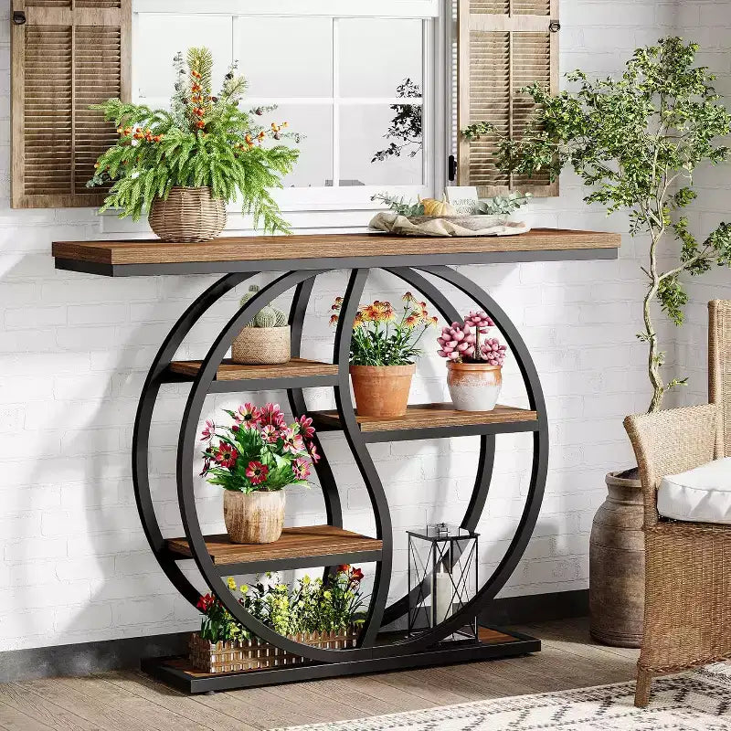 Table console de 47,24 pouces, table de canapé industrielle à 5 niveaux Table d'entrée en T avec étagères de rangement pour petits espaces, couloir, hall