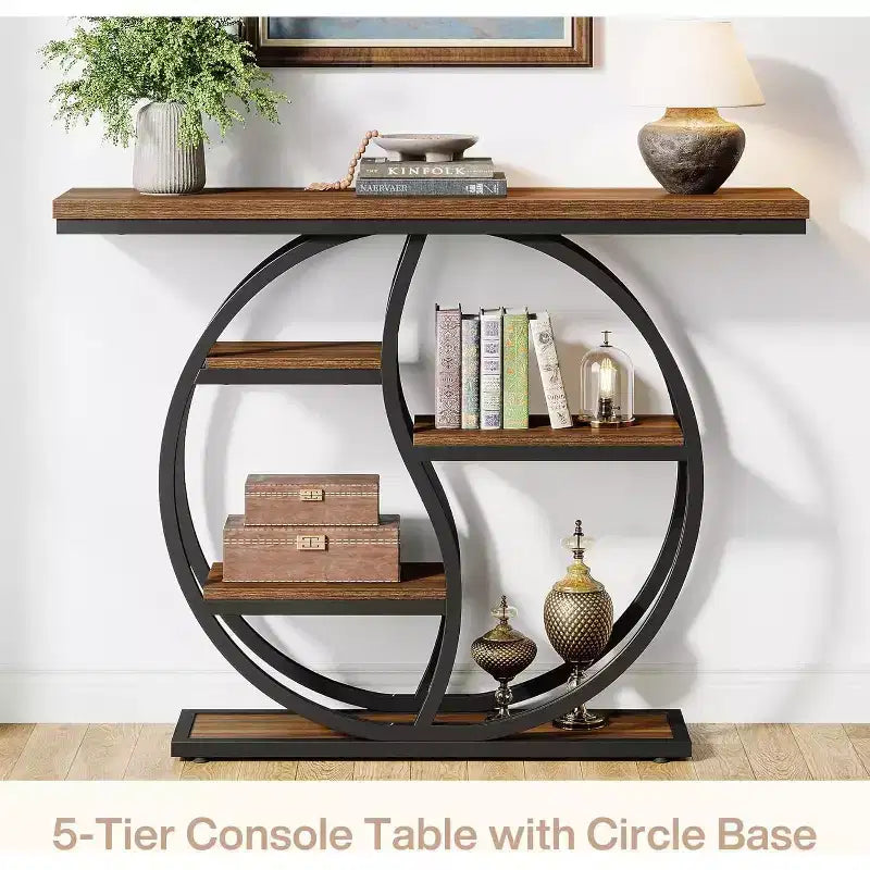 Table console de 47,24 pouces, table de canapé industrielle à 5 niveaux Table d'entrée en T avec étagères de rangement pour petits espaces, couloir, hall