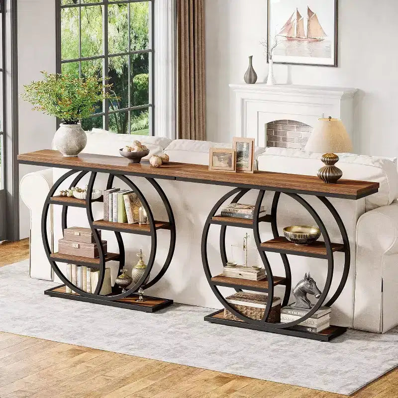 Table console de 47,24 pouces, table de canapé industrielle à 5 niveaux Table d'entrée en T avec étagères de rangement pour petits espaces, couloir, hall