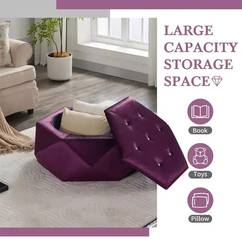 Modern Velvet Diamond Tufted Ottoman Coffee Table with Practical Storage,Multi-Functional Side Footrest for Bedroom,Entryway