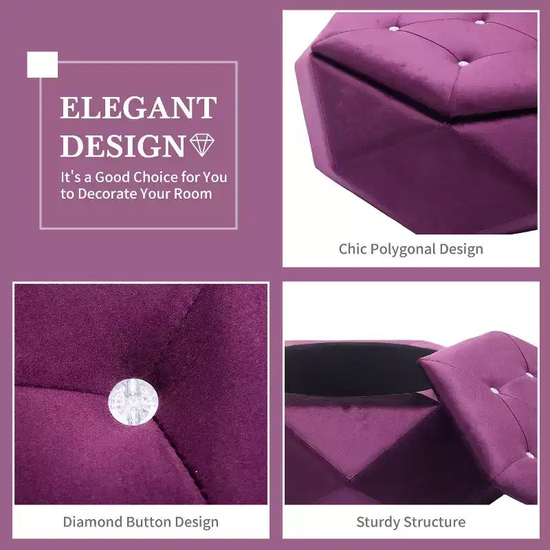 Modern Velvet Diamond Tufted Ottoman Coffee Table with Practical Storage,Multi-Functional Side Footrest for Bedroom,Entryway