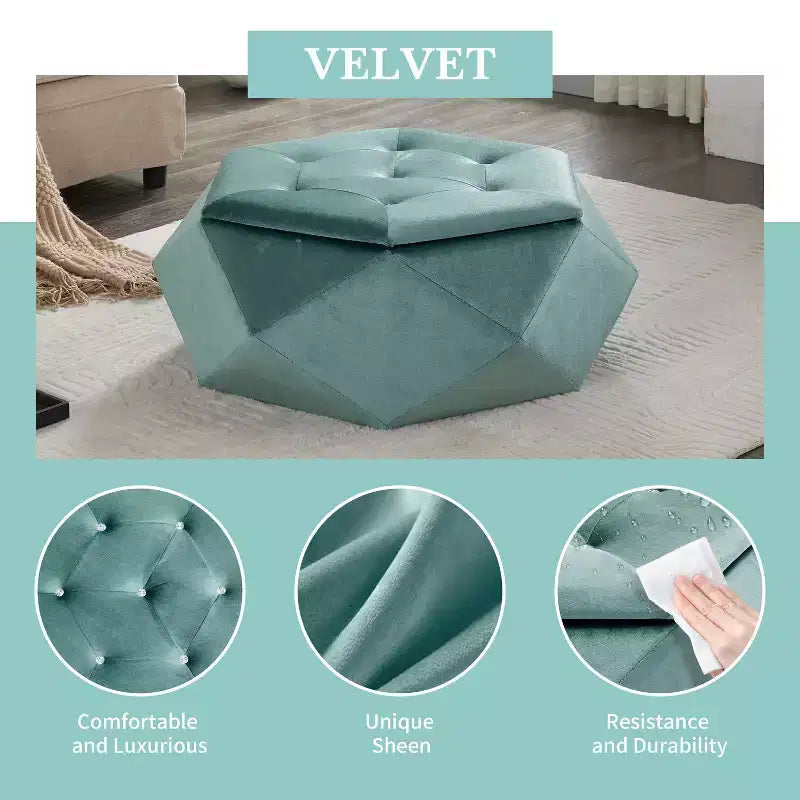 Modern Velvet Diamond Tufted Ottoman Coffee Table with Practical Storage,Multi-Functional Side Footrest for Bedroom,Entryway