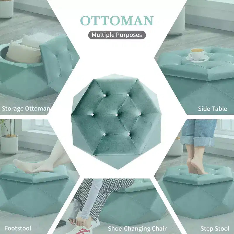 Modern Velvet Diamond Tufted Ottoman Coffee Table with Practical Storage,Multi-Functional Side Footrest for Bedroom,Entryway