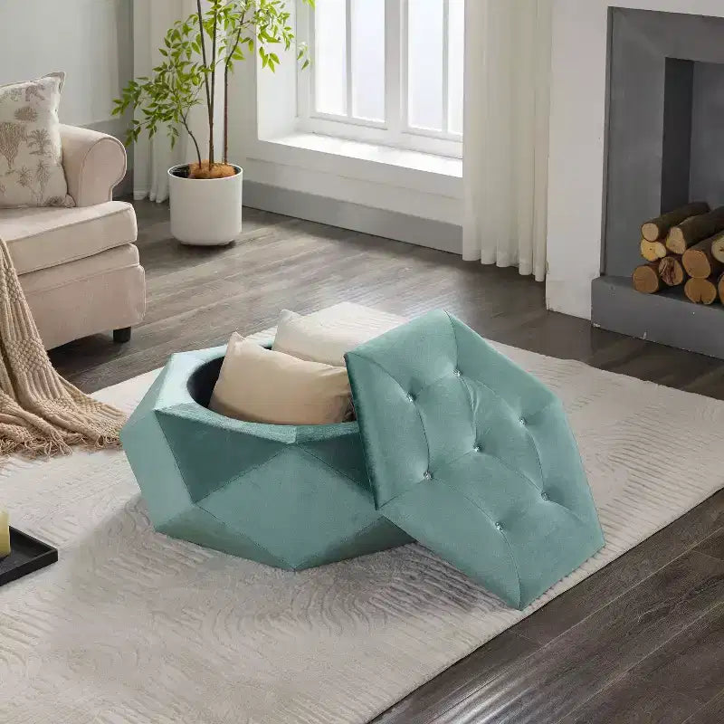 Modern Velvet Diamond Tufted Ottoman Coffee Table with Practical Storage,Multi-Functional Side Footrest for Bedroom,Entryway