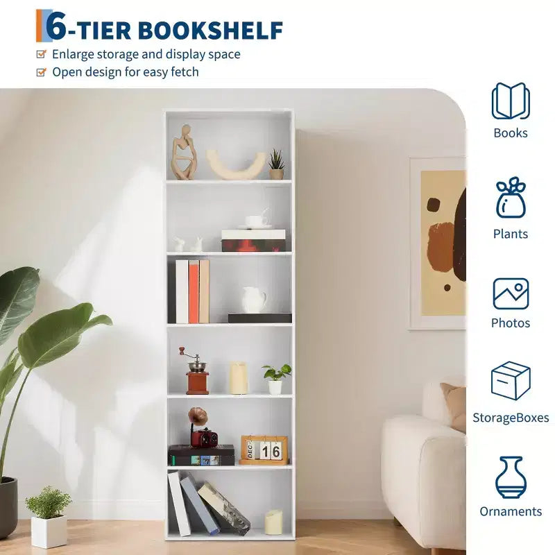 6-laagse open boekenkast, rustieke landelijke boekenplanken, ruime organisatie voor opslag, kantoor organiseren, duurzaam en stevig gebouwd, eenvoudige montage