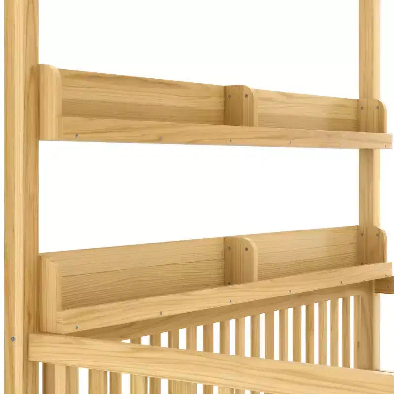Solid Wood Floor Bed with Canopy, Guardrails & Shelves for Kids - No Box Spring Needed
