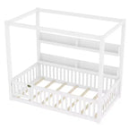 Solid Wood Floor Bed with Canopy, Guardrails & Shelves for Kids - No Box Spring Needed