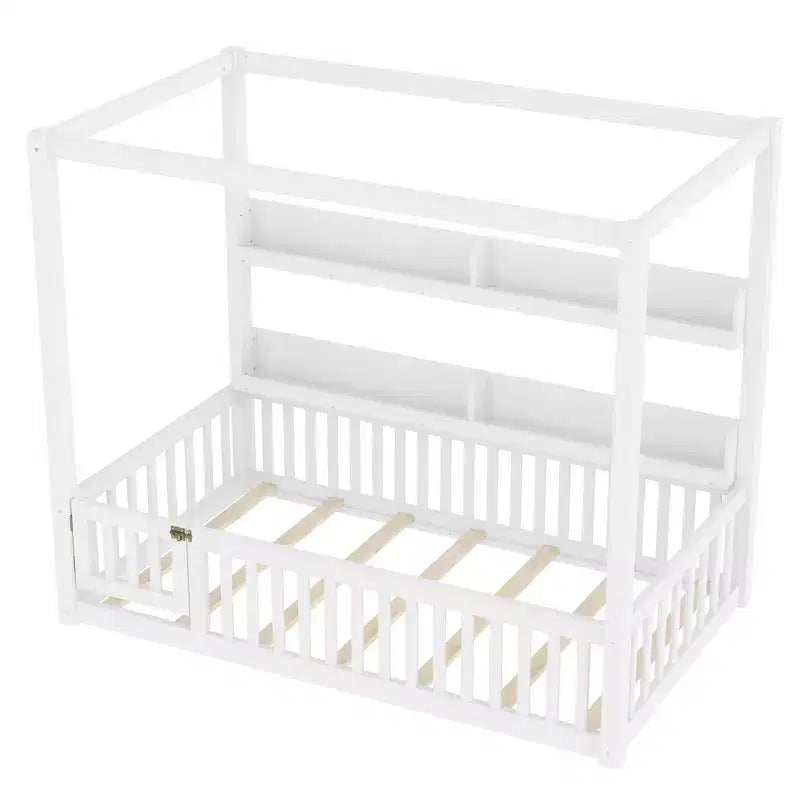 Solid Wood Floor Bed with Canopy, Guardrails & Shelves for Kids - No Box Spring Needed