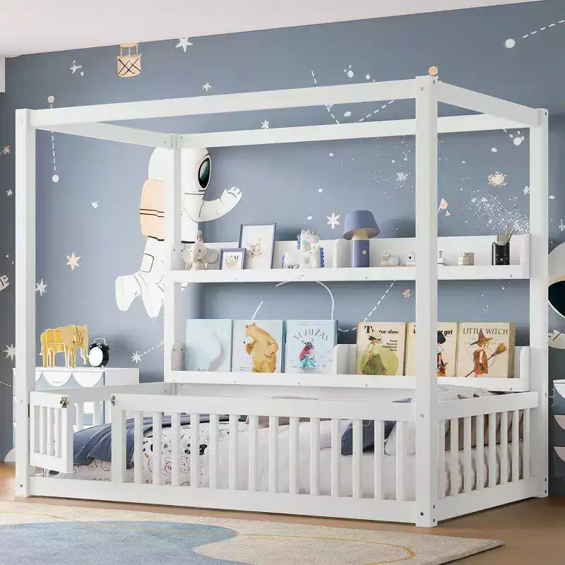 Solid Wood Floor Bed with Canopy, Guardrails & Shelves for Kids - No Box Spring Needed