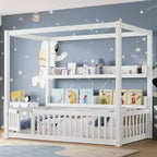 Solid Wood Floor Bed with Canopy, Guardrails & Shelves for Kids - No Box Spring Needed