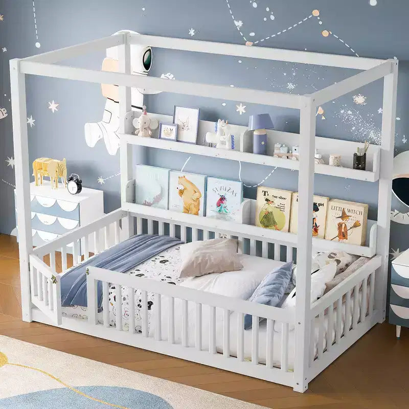Solid Wood Floor Bed with Canopy, Guardrails & Shelves for Kids - No Box Spring Needed