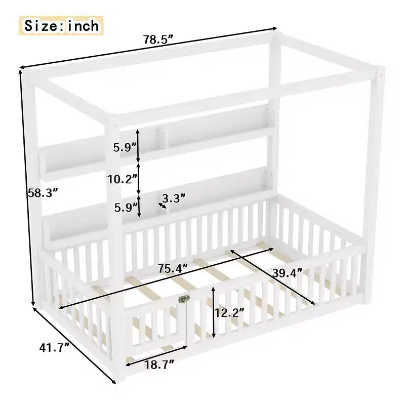 Solid Wood Floor Bed with Canopy, Guardrails & Shelves for Kids - No Box Spring Needed