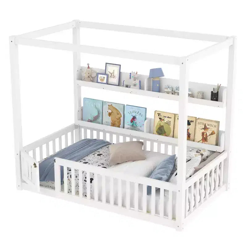 Solid Wood Floor Bed with Canopy, Guardrails & Shelves for Kids - No Box Spring Needed