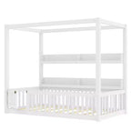 Solid Wood Floor Bed with Canopy, Guardrails & Shelves for Kids - No Box Spring Needed