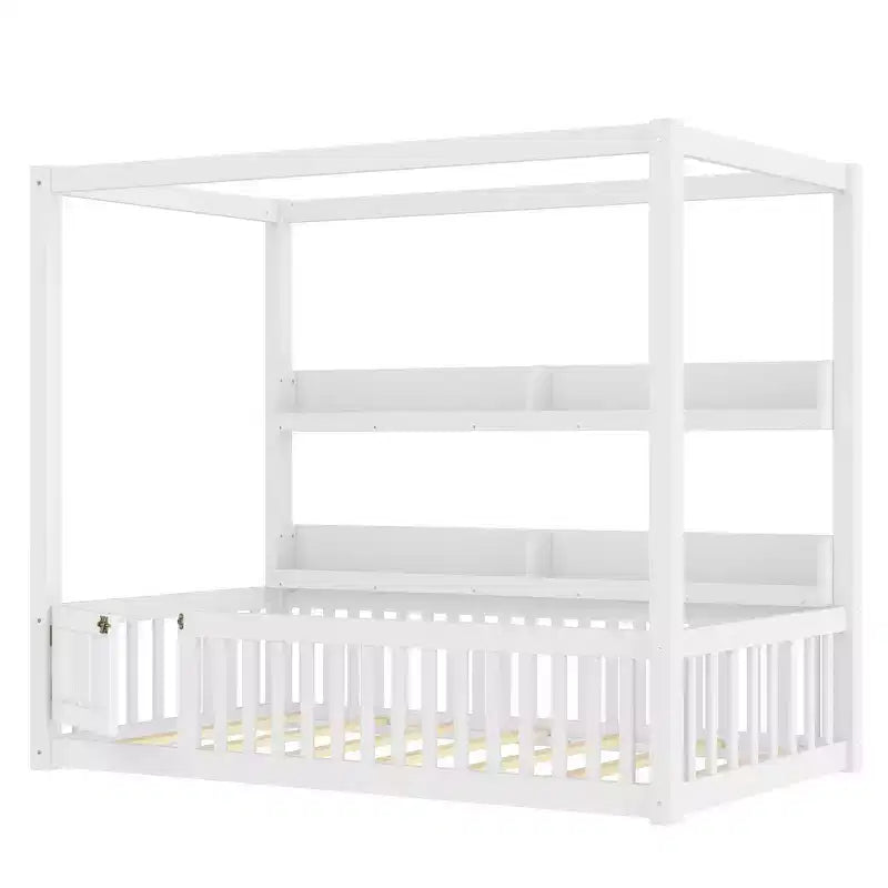 Solid Wood Floor Bed with Canopy, Guardrails & Shelves for Kids - No Box Spring Needed
