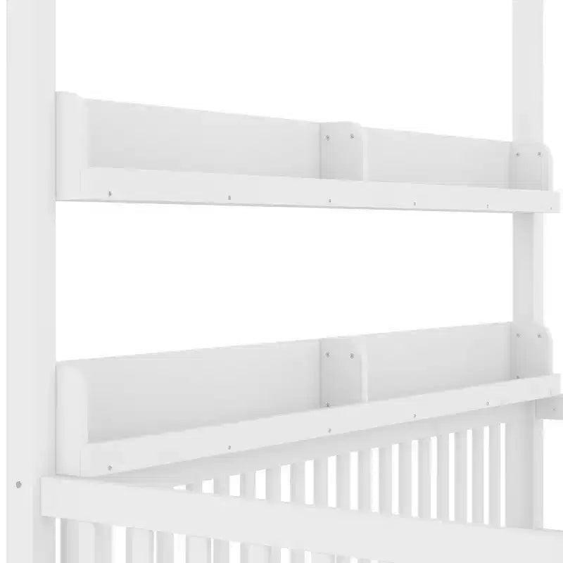 Solid Wood Floor Bed with Canopy, Guardrails & Shelves for Kids - No Box Spring Needed