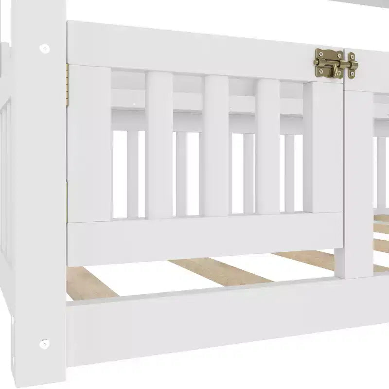 Solid Wood Floor Bed with Canopy, Guardrails & Shelves for Kids - No Box Spring Needed
