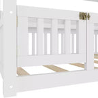 Solid Wood Floor Bed with Canopy, Guardrails & Shelves for Kids - No Box Spring Needed