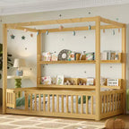 Solid Wood Floor Bed with Canopy, Guardrails & Shelves for Kids - No Box Spring Needed