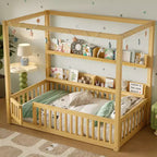 Solid Wood Floor Bed with Canopy, Guardrails & Shelves for Kids - No Box Spring Needed