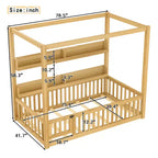 Solid Wood Floor Bed with Canopy, Guardrails & Shelves for Kids - No Box Spring Needed