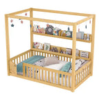 Solid Wood Floor Bed with Canopy, Guardrails & Shelves for Kids - No Box Spring Needed