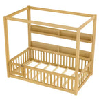 Solid Wood Floor Bed with Canopy, Guardrails & Shelves for Kids - No Box Spring Needed