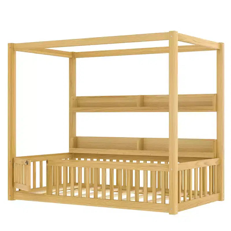 Solid Wood Floor Bed with Canopy, Guardrails & Shelves for Kids - No Box Spring Needed