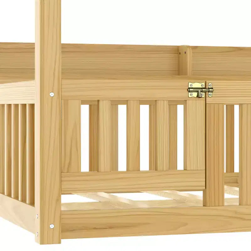 Solid Wood Floor Bed with Canopy, Guardrails & Shelves for Kids - No Box Spring Needed