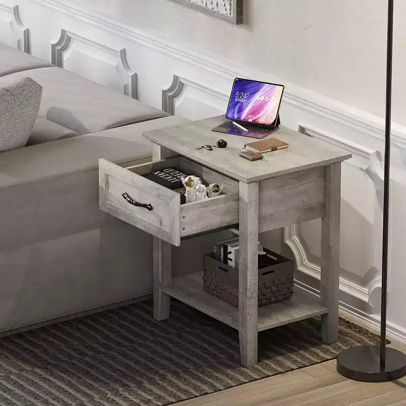 Nightstand with Storage Drawer & Open Shelf - Farmhouse End Table for Bedroom/Living Room