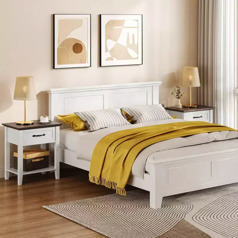 Nightstand with Storage Drawer & Open Shelf - Farmhouse End Table for Bedroom/Living Room