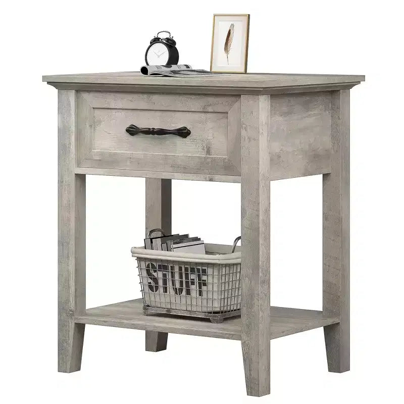 Mesita de noche con cajón de almacenamiento y estante abierto - Mesa auxiliar estilo rústico para dormitorio/sala de estar